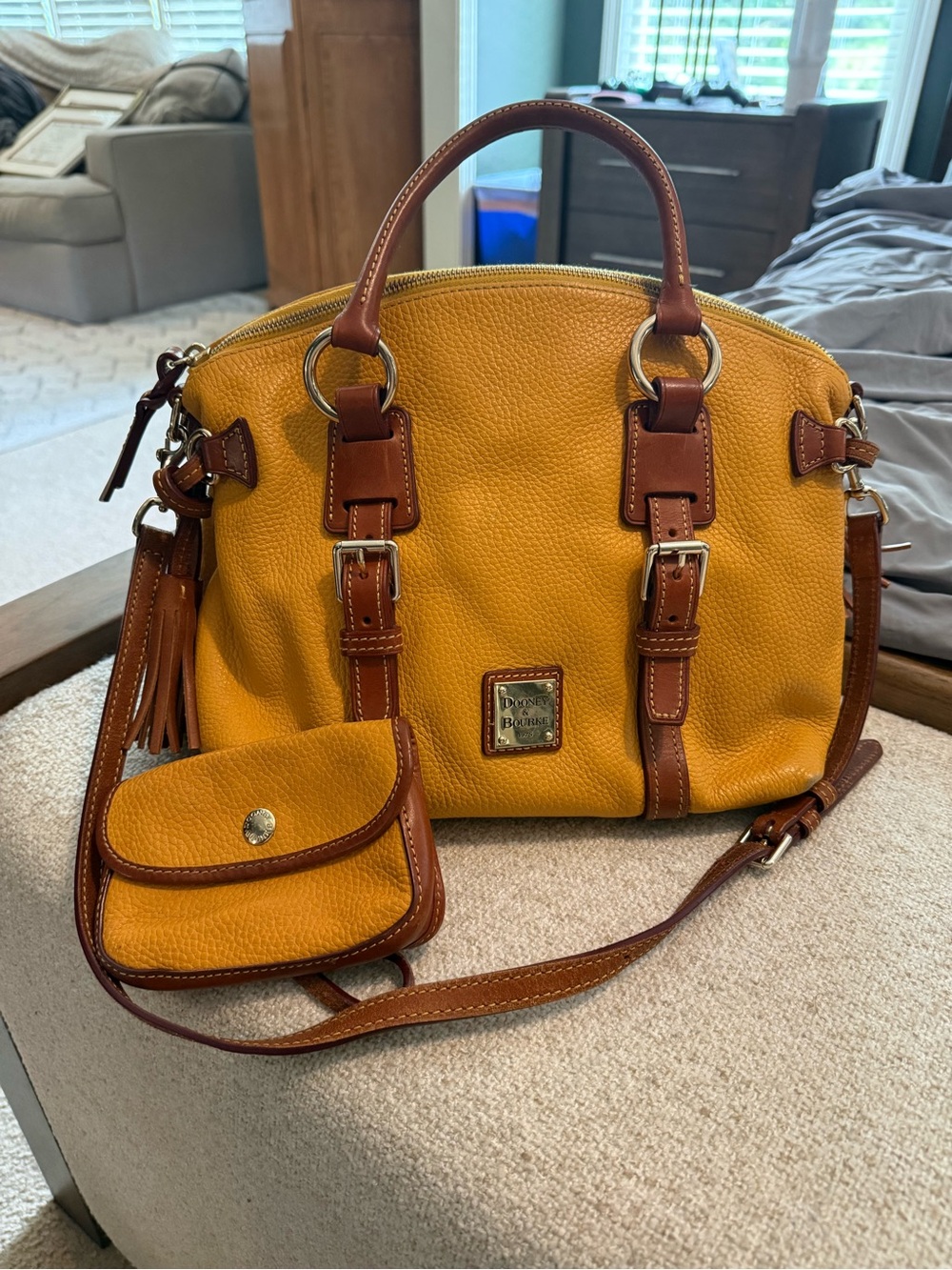 Dooney & Bourke Mustard Yellow Pebbled Leather Satchel with Brown Trim